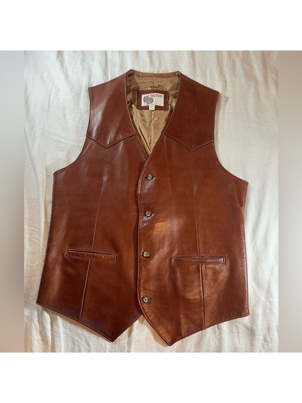 Vtg Silton Leather Vest Mens Size 40 Tall Brown Western Cowboy Rodeo